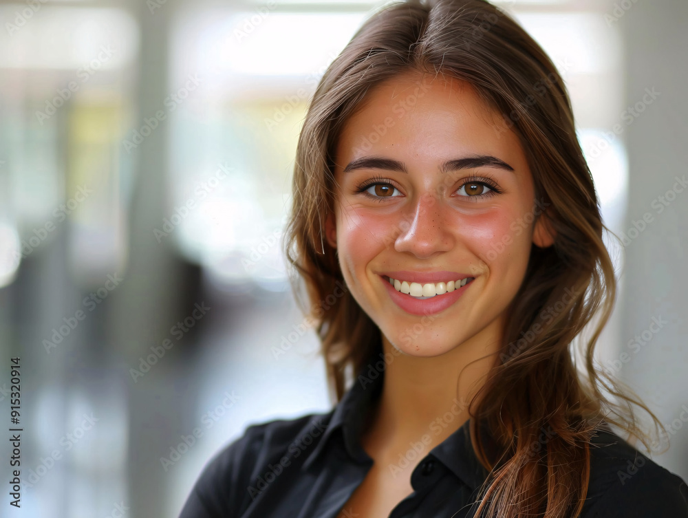 portrait of a cheerful saleswoman standing in front of the workplace. AI generated portrait of a cheerful saleswoman standing in front of the workplace. AI generated