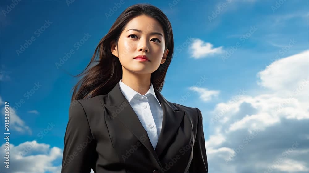 Confident businesswoman in a suit smiling while standing in a studio office setting Confident businesswoman in a suit smiling while standing in a studio office setting
