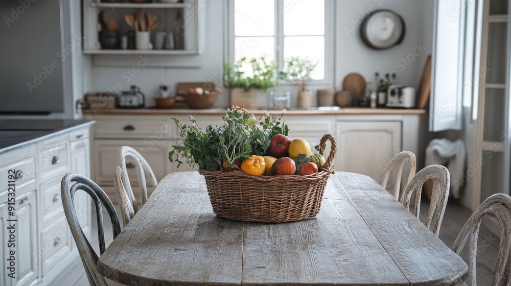 A rustic dining table in a farmhouse-style kitchen, with mismatched ...