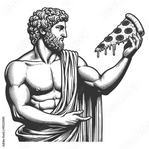 classical Roman Greek statue eating a slice of pizza, ancient art modern food culture sketch engraving generative ai vector illustration. Scratch board imitation. Black and white image.