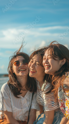 海で友達とはしゃぐ日本の若い女性達の縦型写真 photo