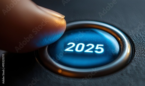 A finger is pressing a button that says 2025