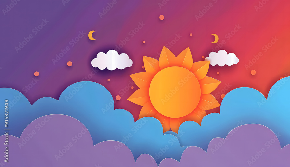Obraz premium Realistic 3d papercut blue sky view on an isolated white background. Modern paper craft art scene of the sun in day clouds. Children's nursery or travel concept. paper art design
