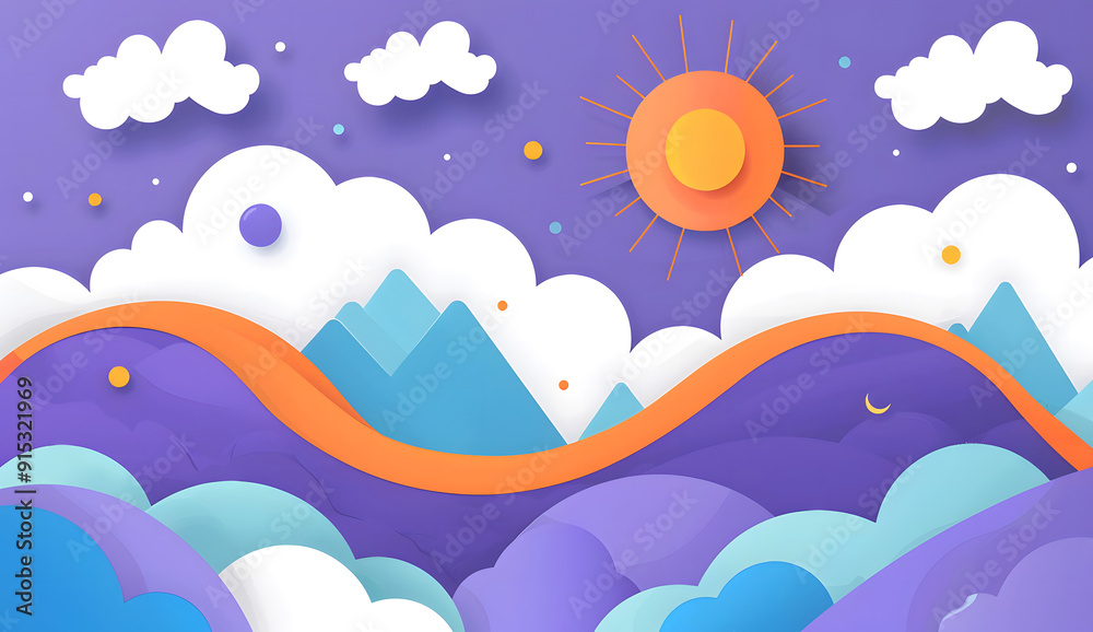 Realistic 3d papercut blue sky view on an isolated white background. Modern paper craft art scene of the sun in day clouds. Children's nursery or travel concept. paper art design