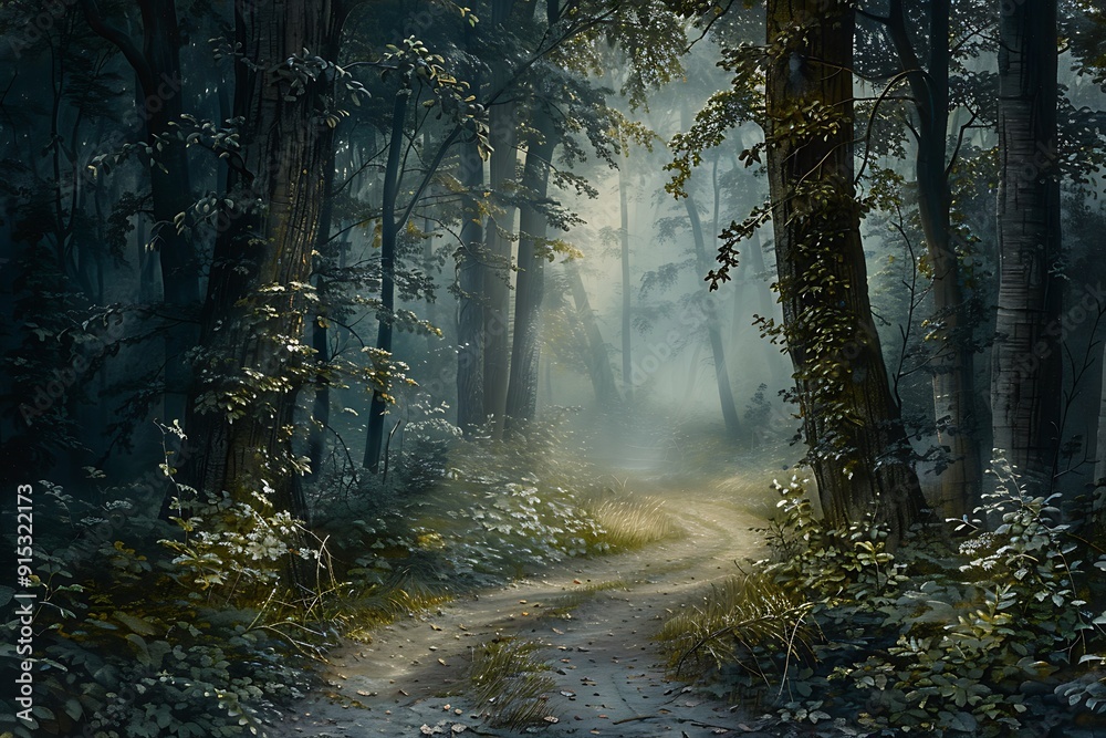 Obraz premium A tranquil, foggy forest path, soft light filtering through the trees, creating an ethereal, otherworldly atmosphere, inviting exploration and quiet reflection
