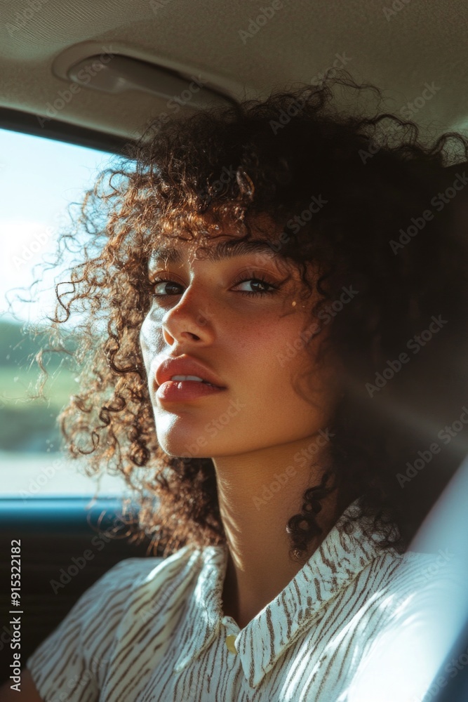 Woman with curly hair in car Woman with curly hair in car