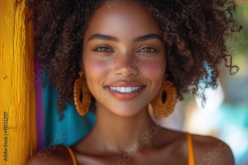 joyful portrait of a beautiful african american woman with a vibrant afro hairstyle radiating happiness and confidence against a colorful energetic background