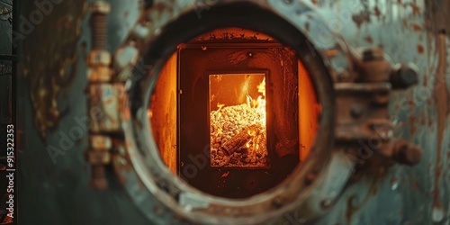 View of the fire in the combustion chamber of a coal fired stoker boiler from the window