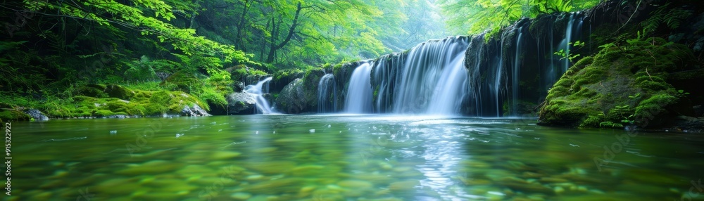 A serene waterfall cascading into a tranquil green pool, surrounded by lush foliage and calm nature, inviting relaxation and peace. A serene waterfall cascading into a tranquil green pool, surrounded by lush foliage and calm nature, inviting relaxation and peace.