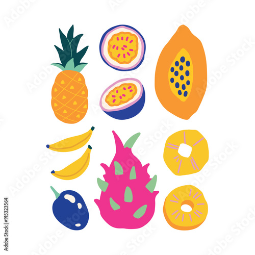 Exotic flowers leaves and fruits hand drawn cute simple jungle illustration collection Modern simple clip art set for children books posters stationery banners and social media