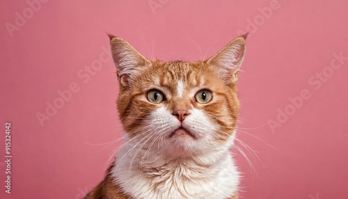 Curious orange tabby cat looks directly at camera with engaging expression on pink background