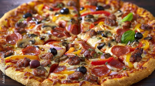 A deliciously topped pizza featuring pepperoni, olives, and colorful vegetables on a wooden table setting