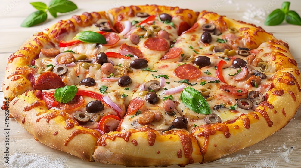 A delicious pizza topped with assorted vegetables and meats displayed on a wooden table