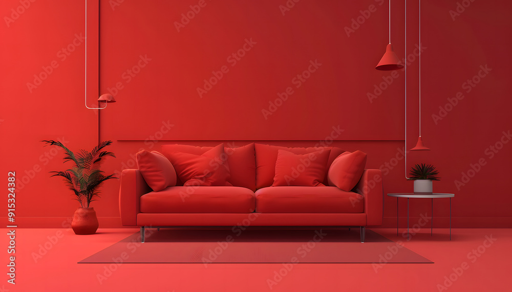 Obraz premium Red background interior with light-colored sofa solid color style. isolated on a solid red background. Illustrations design