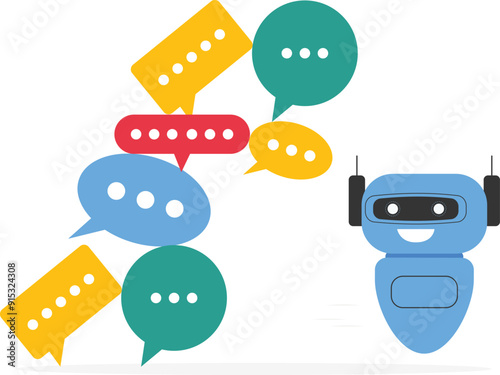 Cyborg with artificial intelligence run away from away from collapsing stack of messages and spam. Modern vector illustration in flat style

