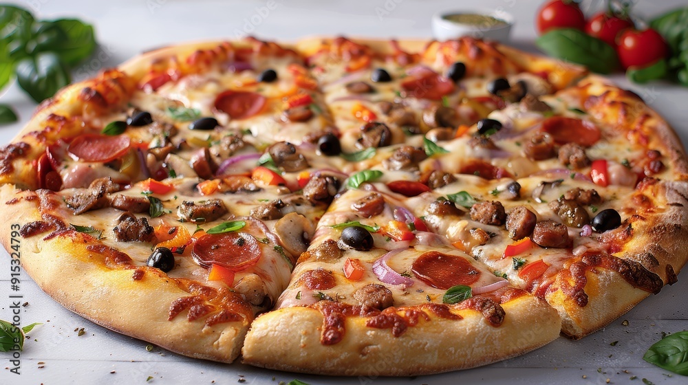 Delicious freshly baked pizza with various toppings on a wooden table Delicious freshly baked pizza with various toppings on a wooden table