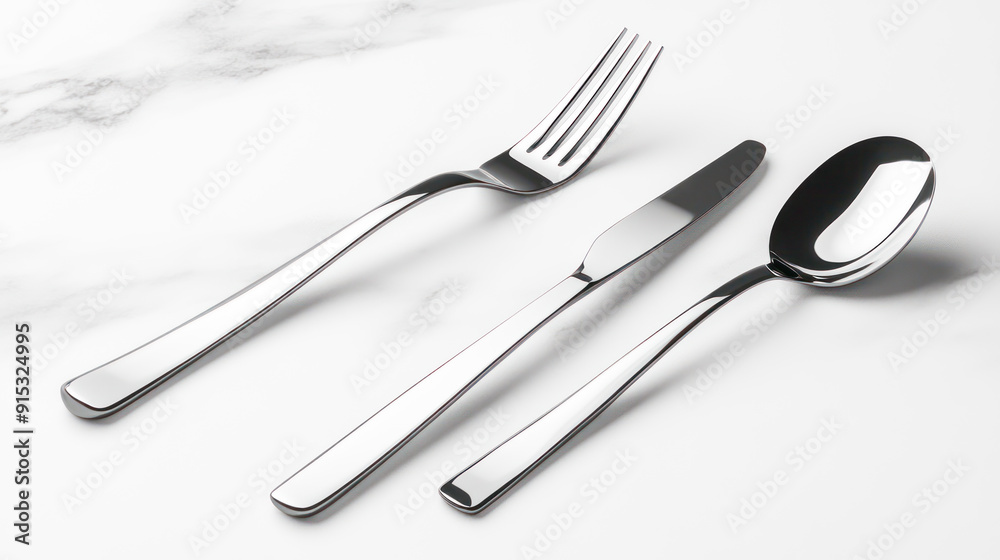 Stylish kitchen cutlery set featuring a spoon, fork, and knife on a marble countertop Stylish kitchen cutlery set featuring a spoon, fork, and knife on a marble countertop