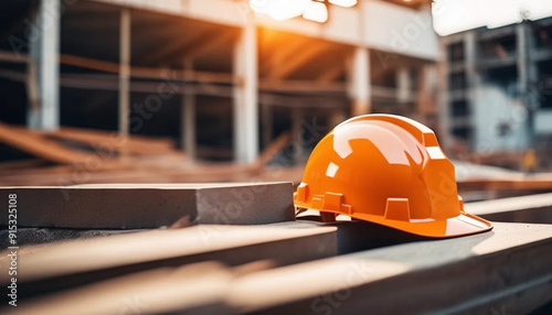 Orange protective hardhat on coonstruction site.  photo