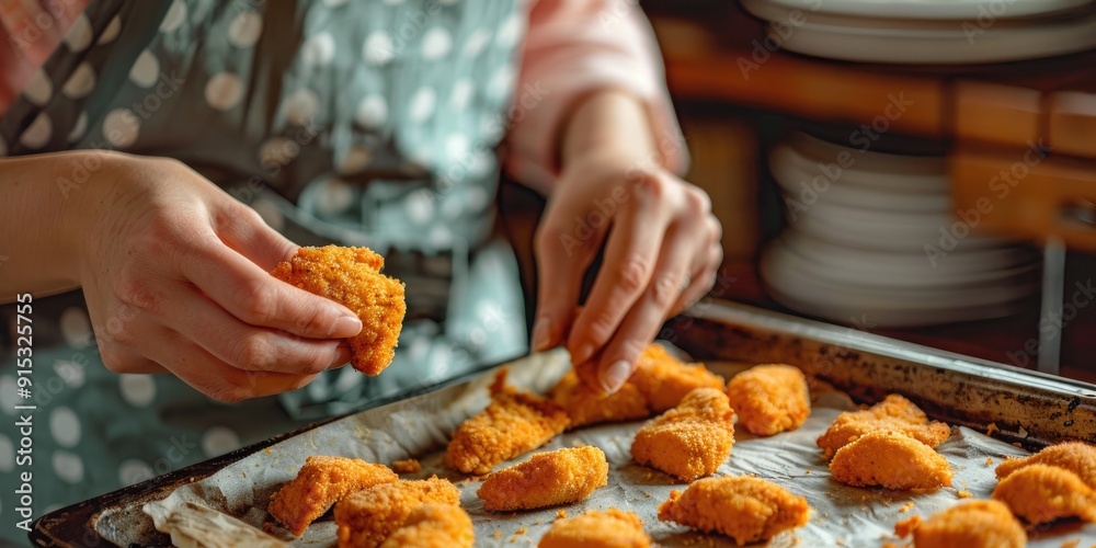 Preparing homemade nuggets Woman arranging raw frozen breaded chicken pieces on a baking sheet Preparing homemade nuggets Woman arranging raw frozen breaded chicken pieces on a baking sheet