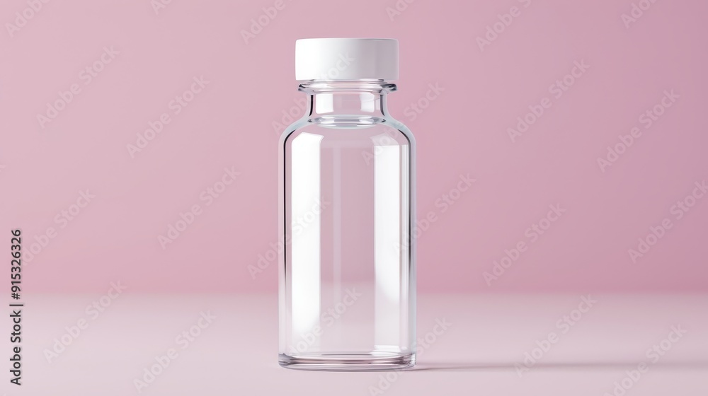 Elegant Clear Medicine Bottle with White Cap on Pastel Pink Background, Minimalist Healthcare Concept Elegant Clear Medicine Bottle with White Cap on Pastel Pink Background, Minimalist Healthcare Concept