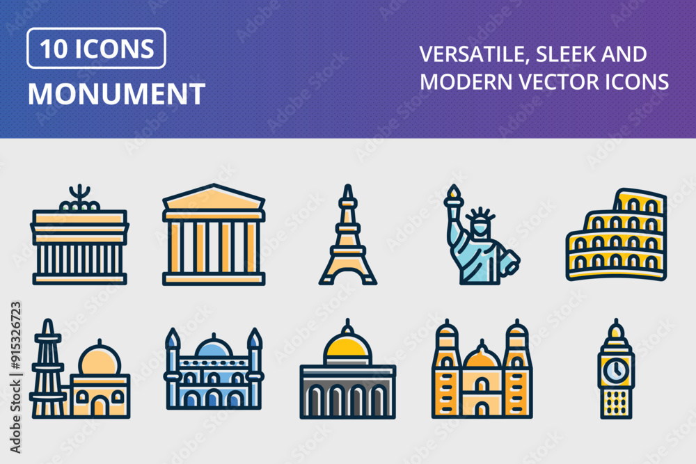 Monument Thick Line Filled Dark Colors Icon Set Monument Thick Line Filled Dark Colors Icon Set