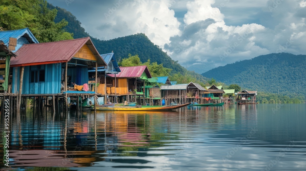 Colorful Stilt Houses on a Calm Lake Colorful Stilt Houses on a Calm Lake