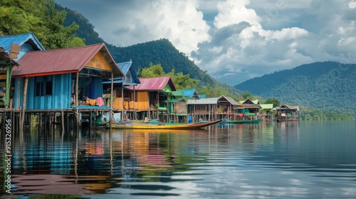 Colorful Stilt Houses on a Calm Lake