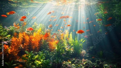 Underwater Scene with Orange Fish and Lush Vegetation