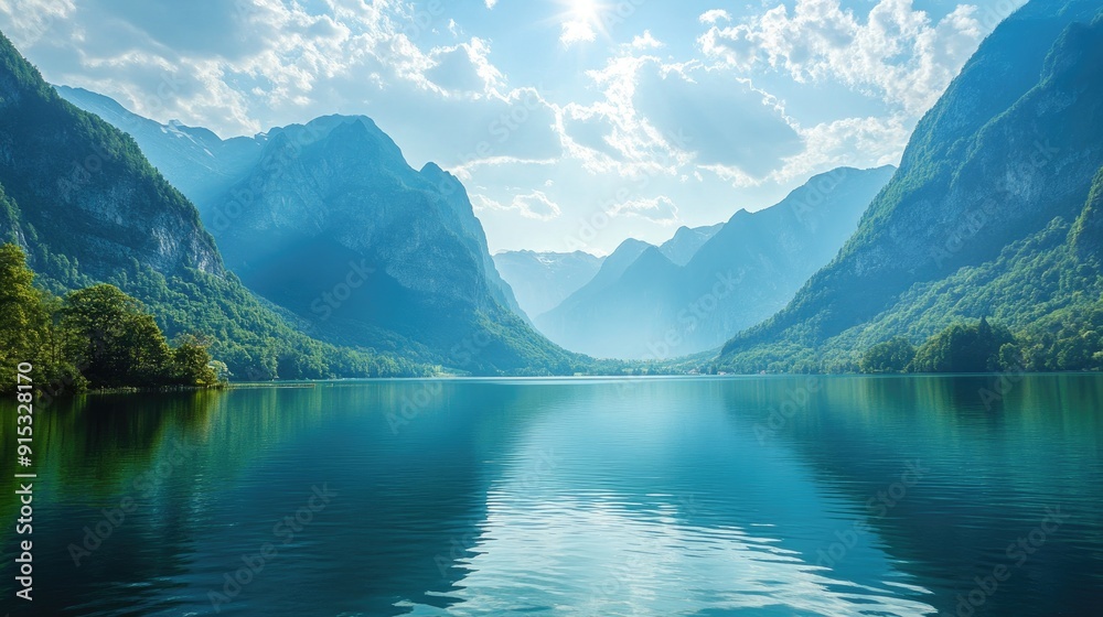 A serene lake surrounded by mountains, capturing the tranquility of natural settings.