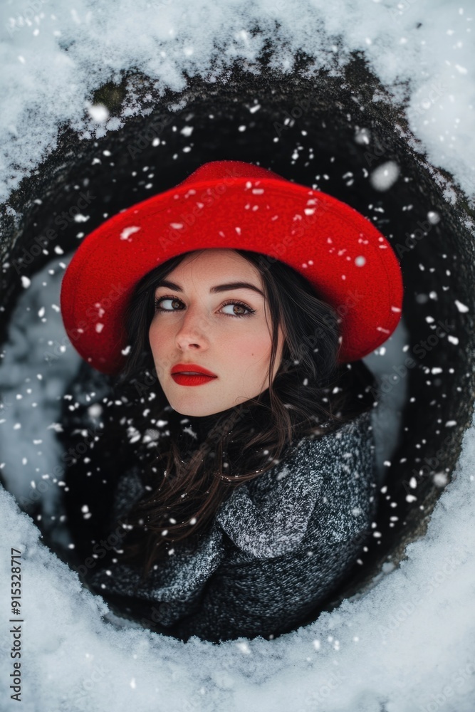 Woman in red hat in snowy landscape Woman in red hat in snowy landscape