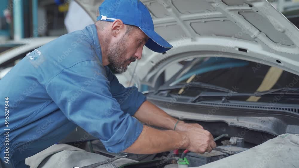 Professional mechanic checking customers car's electrical system brought in for repair. Car mechanic carries a replacement car battery. Professional mechanic checking customers car's electrical system brought in for repair. Car mechanic carries a replacement car battery.