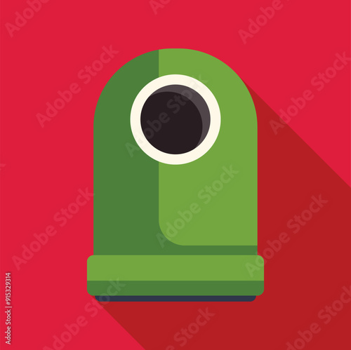 Green trash can with round hole casting long shadow on red background