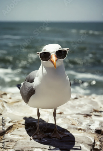 Fototapeta Naklejka Na Ścianę i Meble -  Close-up portrait of a seagull wearing sunglasses in summer at the baltic sea beach in northern Germany