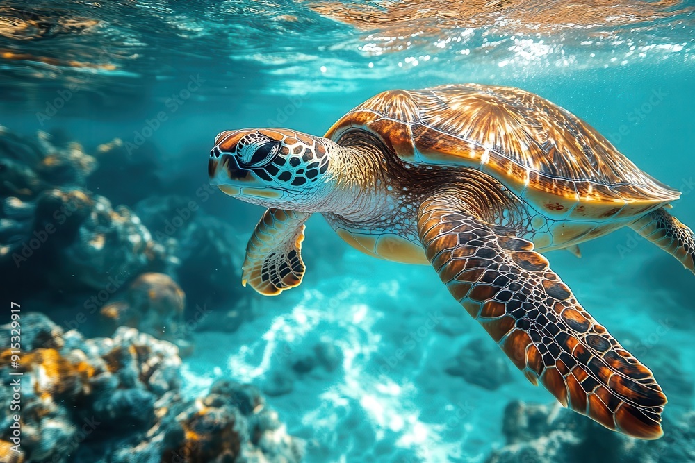 Fototapeta premium majestic sea turtle gliding through crystal clear tropical waters sunlight filtering through surface creating dappled patterns on its shell