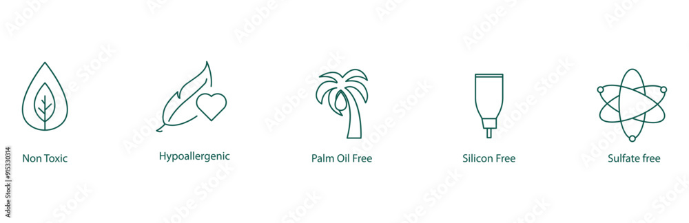 Naklejka premium Non-Toxic, Hypoallergenic, Palm Oil Free, Silicon Free, Sulphate Free Icon Set