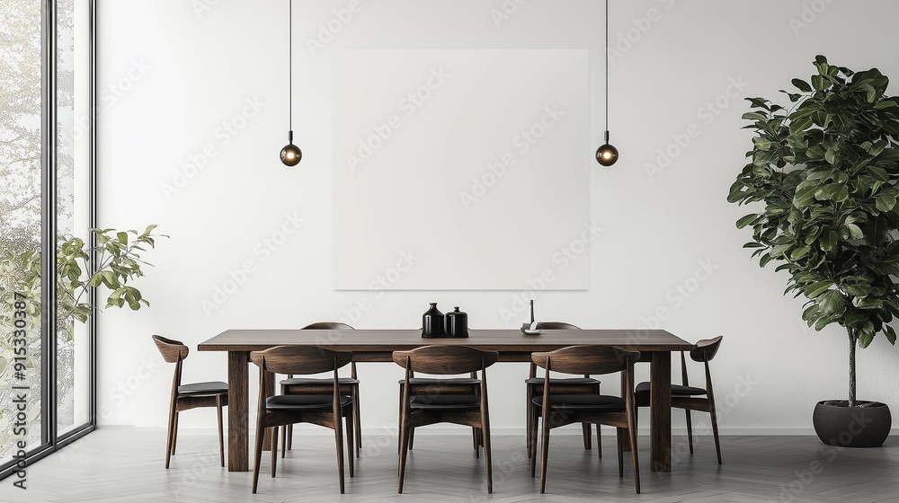 A dining table with a blank banner on the wall. A dining table with a blank banner on the wall.