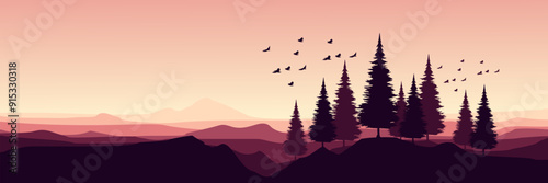 outdoor mountain horizon landscape with tree silhouette sunset vector illustration good for wallpaper, backdrop, background, web banner, and design template