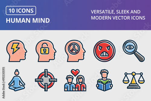 Human Mind Thick Line Filled Dark Colors Icons Set