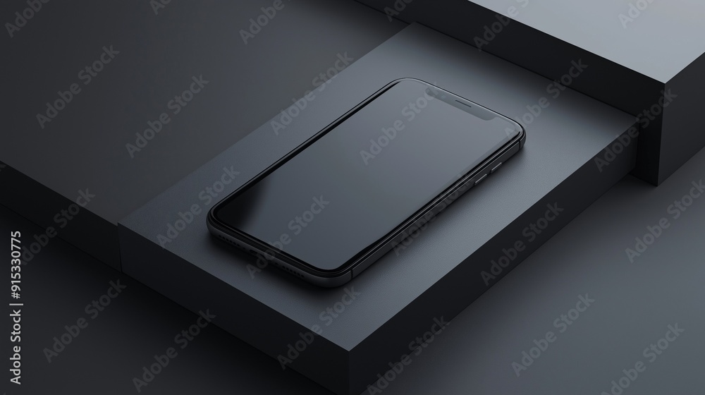 A phone with a blank screen rests on a black podium. A phone with a blank screen rests on a black podium.