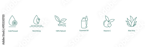 Cold-Pressed, Nourishing, 100% Natural, Essential Oil, Vitamin C, Aloe Vera Icon Set