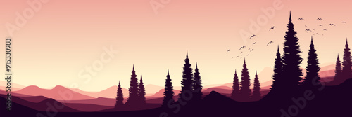 outdoor mountain horizon landscape with tree silhouette sunset vector illustration good for wallpaper, backdrop, background, web banner, and design template
