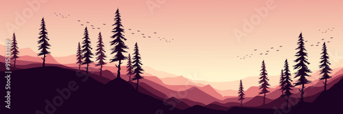 outdoor mountain horizon landscape with tree silhouette sunset vector illustration good for wallpaper, backdrop, background, web banner, and design template