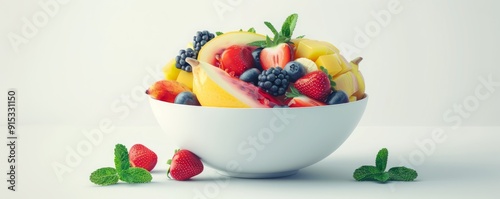 Bowl of fresh fruit with mint on white background, 4K hyperrealistic photo