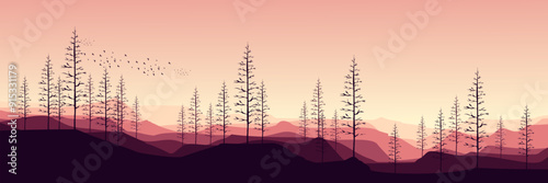 outdoor mountain horizon landscape with tree silhouette sunset vector illustration good for wallpaper, backdrop, background, web banner, and design template