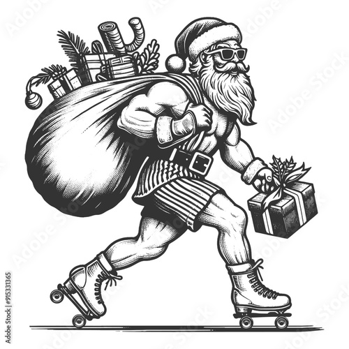 hipster Santa Claus wearing sunglasses and roller skates, carrying sack of gifts. sketch engraving generative ai fictional character vector illustration. Scratch board imitation. Black and white image