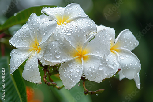 Close up plumeria white flowers wet rain. Adenium Tropical flower.