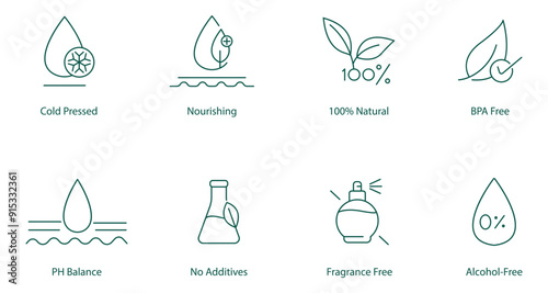 Cold-Pressed, Nourishing, 100% Natural, BPA-Free, pH Balanced, No Additives, Fragrance-Free, Alcohol-Free Vector Icon Set