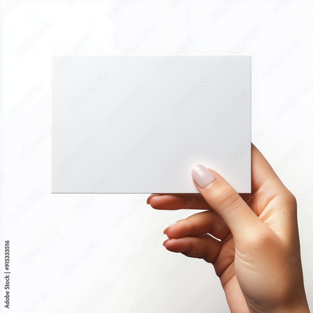 A hand holding a white card with no writing on it. The card is rectangular and has a smooth texture A hand holding a white card with no writing on it. The card is rectangular and has a smooth texture