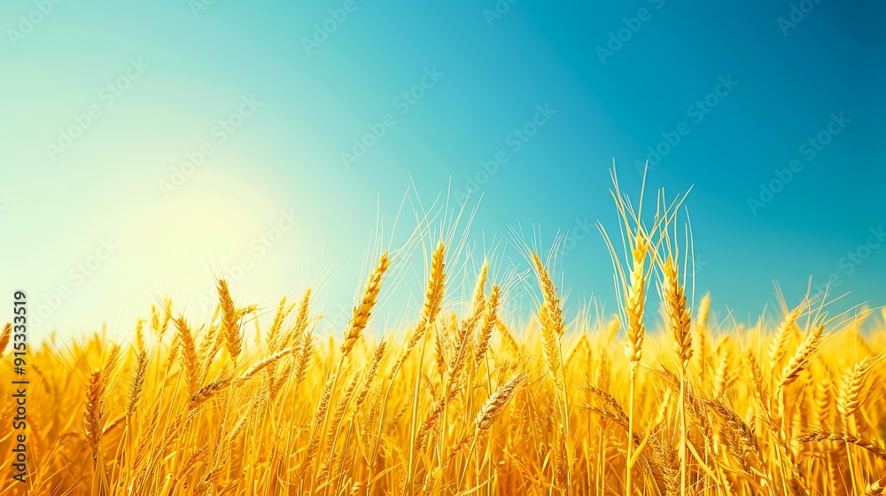 Golden wheat field under a clear blue sky, ideal for agricultural advertisements, farm-related content, or seasonal landscape covers, Sunlight adds a warm, inviting atmosphere to the scene, Golden wheat field under a clear blue sky, ideal for agricultural advertisements, farm-related content, or seasonal landscape covers, Sunlight adds a warm, inviting atmosphere to the scene,