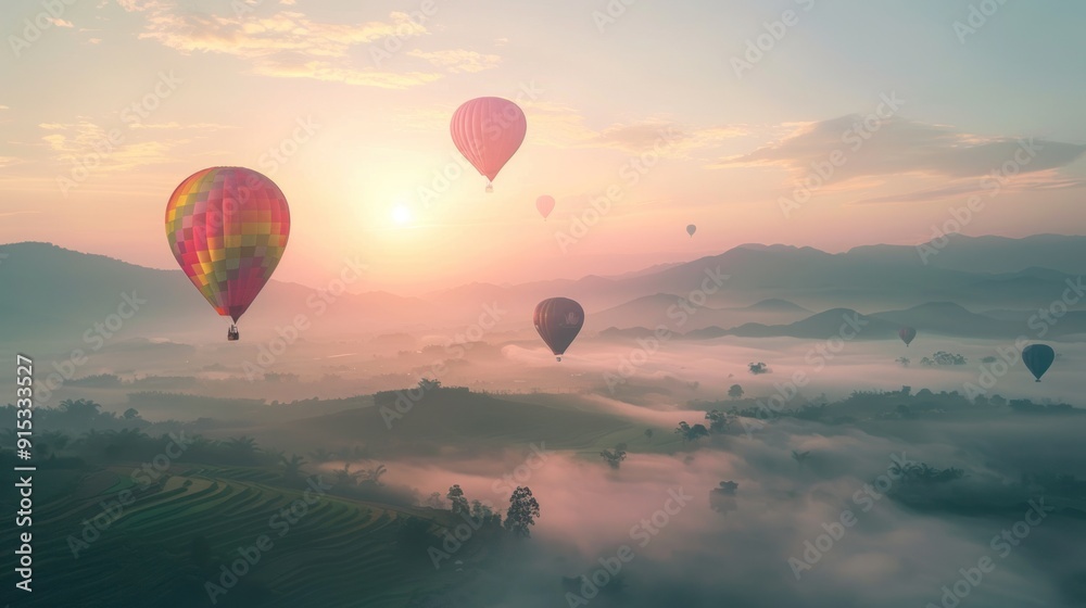 Fototapeta premium Hot Air Balloons Soaring Over Foggy Mountain Landscape